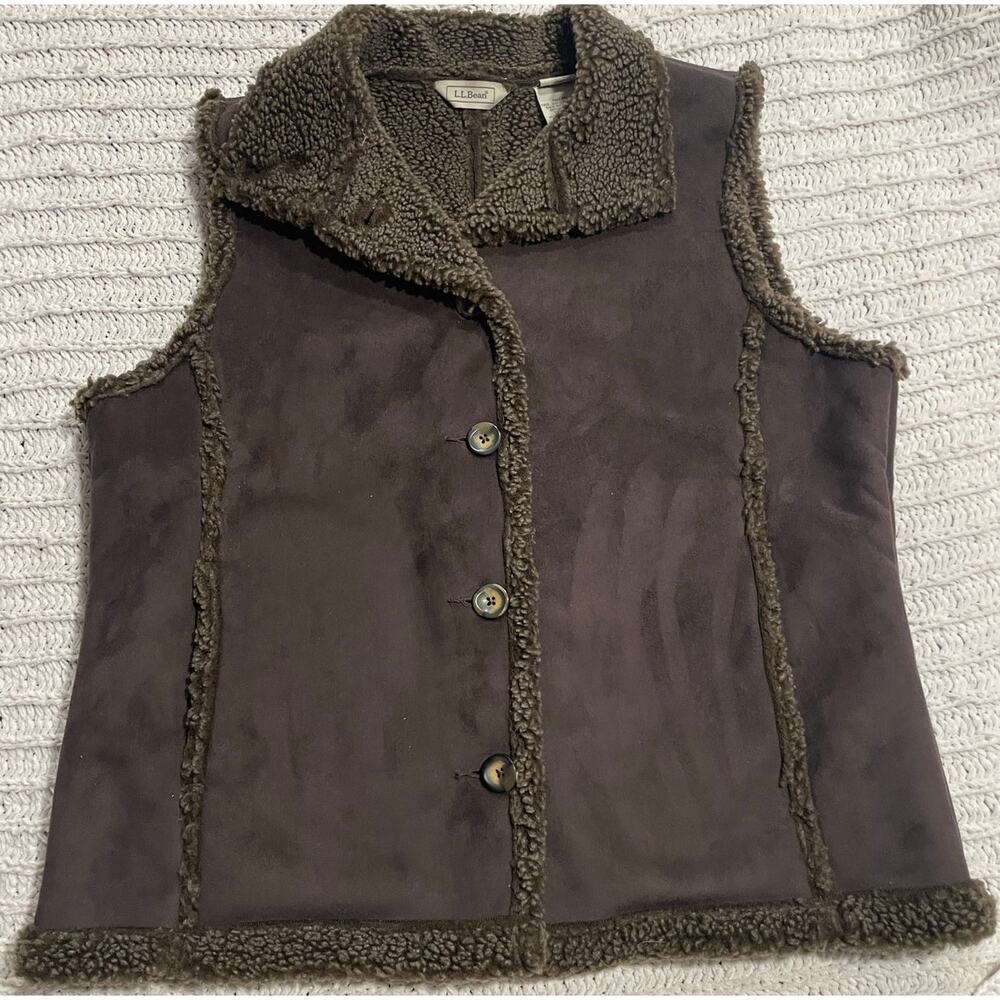 LL Bean Faux Shearling Fur Lined Vest Button Faux Suede Womens Size Large Brown